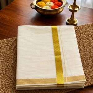 Men's Premium Cream Dhoti / Mundu with golden kasavu border