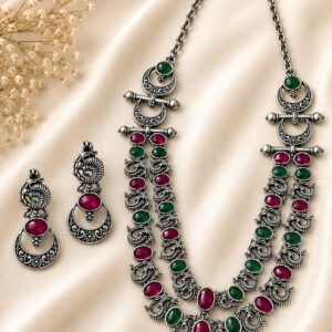 Ruby Emerald Oxidised necklace Set