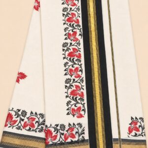 Red Floral Kasavu Saree